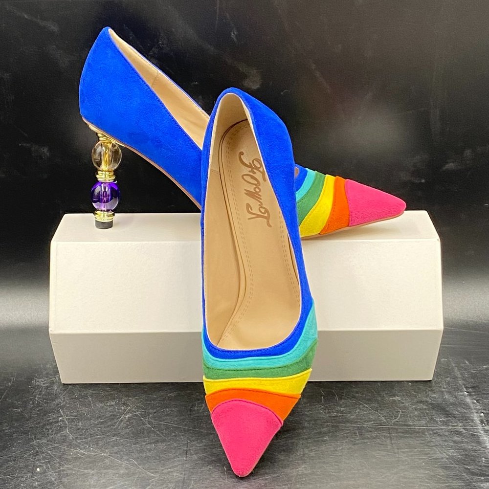 FOWT Rainbow Crystal Stripes Block Mid Heel Pumps Slip on Pointed Toe Shoes